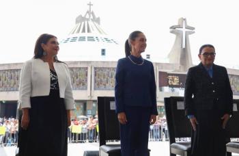 Desde el atrio de la Bas&iacute;lica, Sheinbaum llama a las familias a entregar armas y afirma que la paz comienza en el hogar