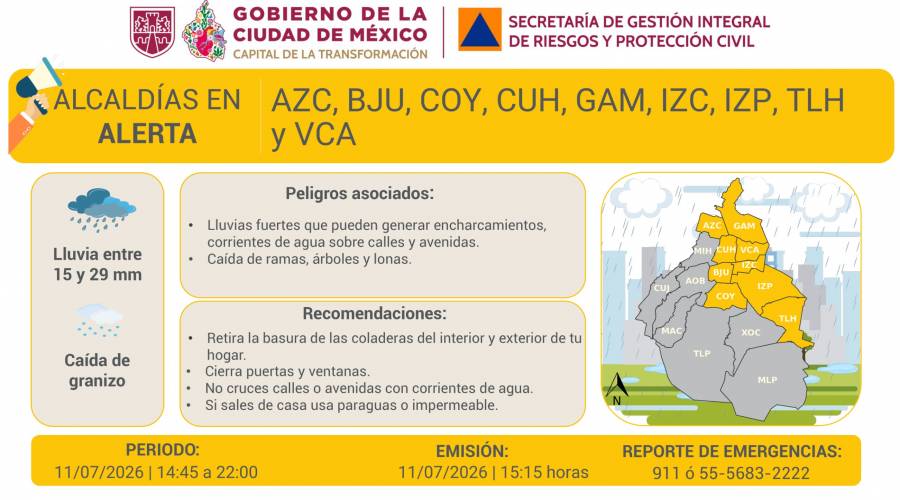Activan Alerta Amarilla por lluvias fuertes y granizo en ocho alcaldías de la CDMX