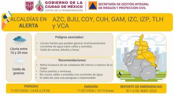 Activan Alerta Amarilla por lluvias fuertes y granizo en ocho alcald&iacute;as de la CDMX