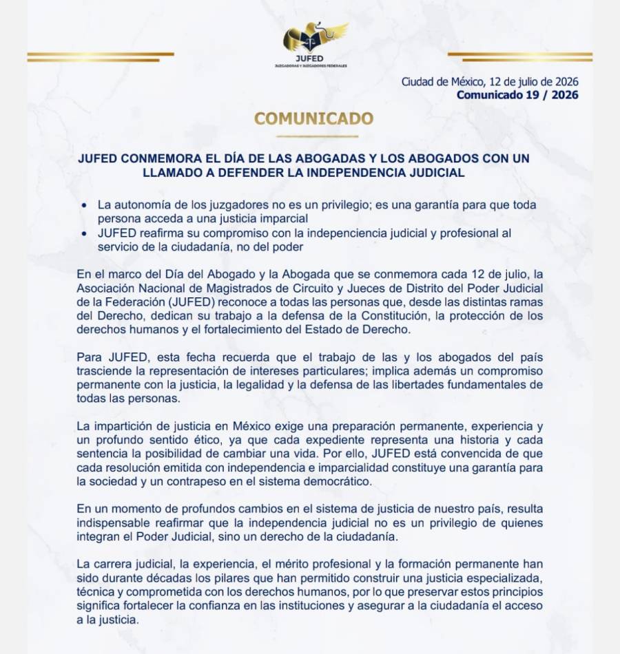 JUFED llama a defender la independencia judicial en el Día de las Abogadas y los Abogados