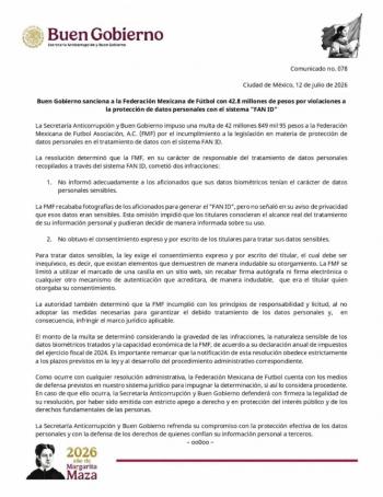 Multan a la Federaci&oacute;n Mexicana de Futbol con 42.8 millones de pesos por irregularidades en datos del Fan ID
