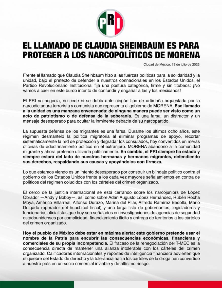 PRI acusa que llamado a la unidad de Morena es una “farsa” y un distractor