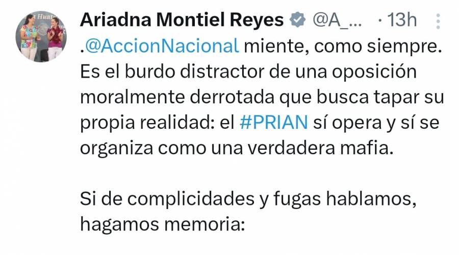 Ariadna Montiel niega que se alista defensa para que Rocha Moya regrese a gobernar como dice el PAN que sí defiende a la 