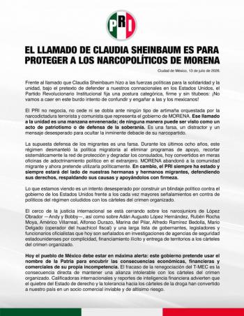 PRI acusa que llamado a la unidad de Morena es una “farsa” y un distractor