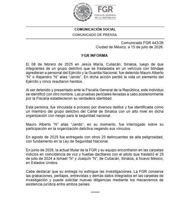 FGR identifica a detenido en Sinaloa como piloto que trasladó a “El Mayo”; no lo habían ubicado al entregarlo a EU
