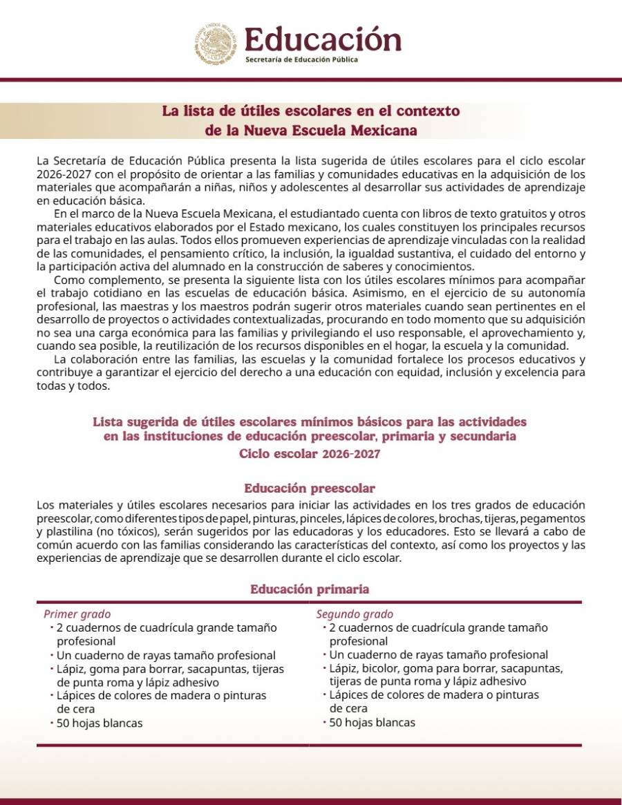 SEP publica lista oficial de útiles escolares para ciclo 2026-2027