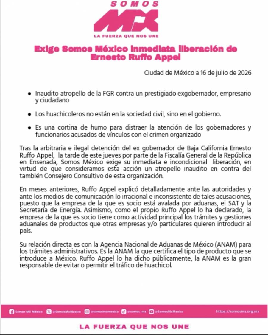 Somos México exige liberación de Ernesto Ruffo y acusa a la FGR de persecución política
