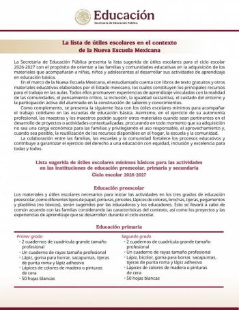 SEP publica lista oficial de &uacute;tiles escolares para ciclo 2026-2027