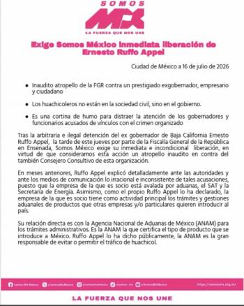 Somos M&eacute;xico exige liberaci&oacute;n de Ernesto Ruffo y acusa a la FGR de persecuci&oacute;n pol&iacute;tica