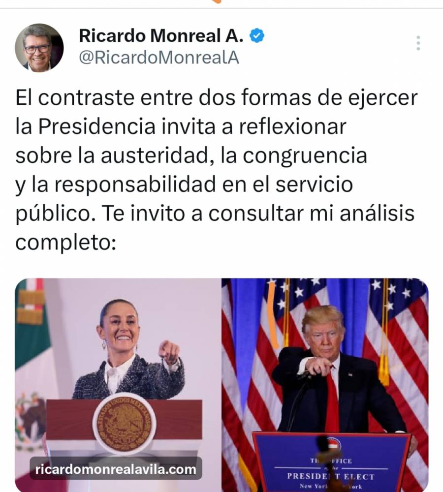 Ricardo Monreal contrasta estilos de ejercer la Presidencia de Trump y Sheinbaum