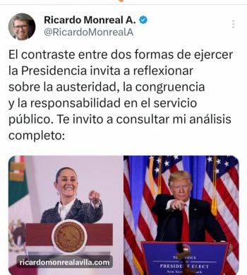 Ricardo Monreal contrasta estilos de ejercer la Presidencia de Trump y Sheinbaum