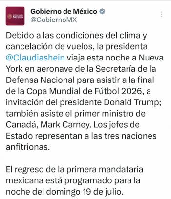 Sheinbaum viajar&aacute; a la final del Mundial 2026 en aeronave de la Sedena tras cancelaci&oacute;n de vuelos