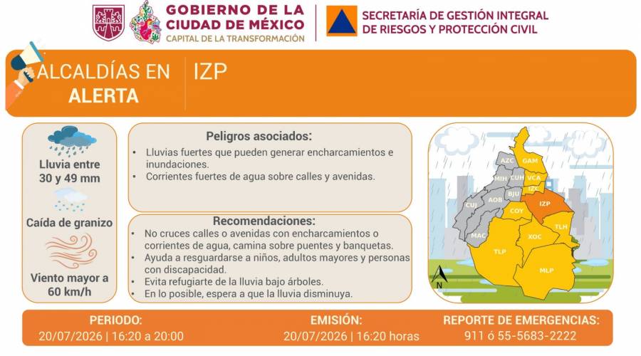 Activan Alerta Naranja en Iztapalapa por lluvias intensas; ocho alcaldías en Amarilla    