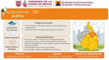 Activan Alerta Naranja en Iztapalapa por lluvias intensas; ocho alcald&iacute;as en Amarilla