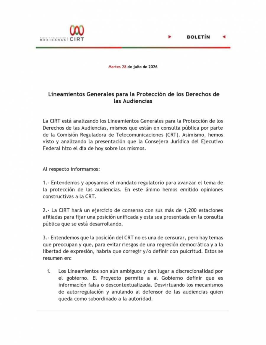 CIRT advierte riesgos a la libertad de expresión en lineamientos sobre derechos de audiencias