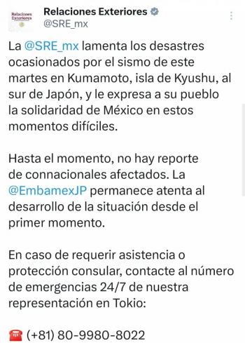 SRE expresa solidaridad a Jap&oacute;n tras sismo en Kumamoto; no reportan mexicanos afectados