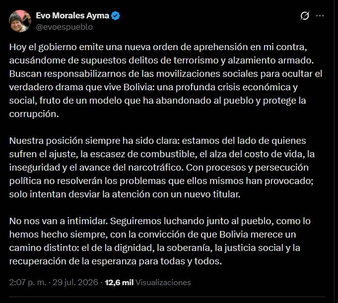 Fiscalía de Bolivia ordena captura de Evo Morales por terrorismo y alzamiento armado