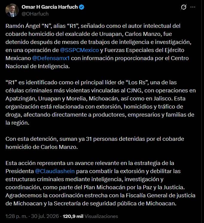 “Los Rs”: la célula del CJNG detrás del asesinato de Carlos Manzo y su red criminal en Michoacán