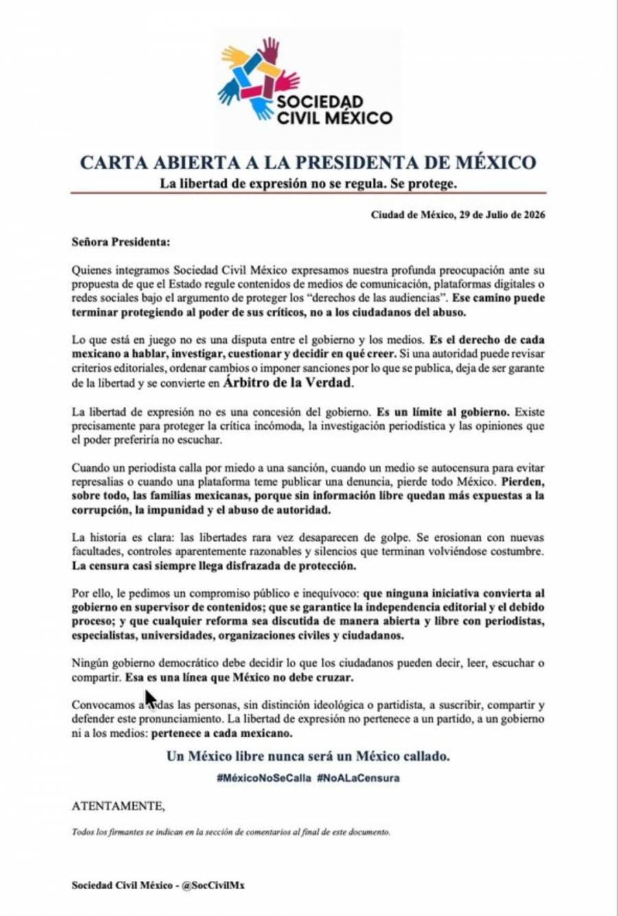 Sociedad Civil México pide a Sheinbaum no regular contenidos de medios y proteger libertad de expresión