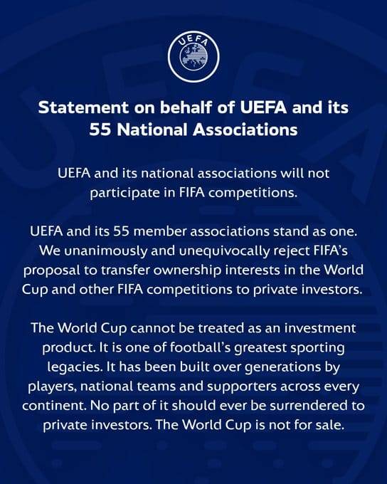 UEFA rechaza propuesta de FIFA y anuncia que no participaraacute en sus competiciones