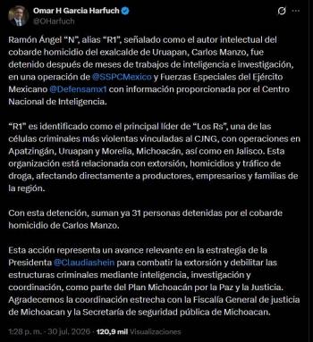 “Los Rs”: la c&eacute;lula del CJNG detr&aacute;s del asesinato de Carlos Manzo y su red criminal en Michoac&aacute;n