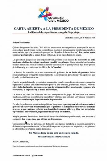 Sociedad Civil M&eacute;xico pide a Sheinbaum no regular contenidos de medios y proteger libertad de expresi&oacute;n