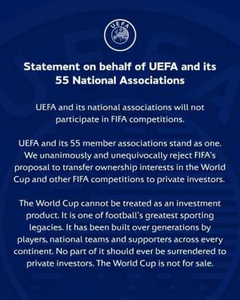 UEFA rechaza propuesta de FIFA y anuncia que no participar&aacute; en sus competiciones