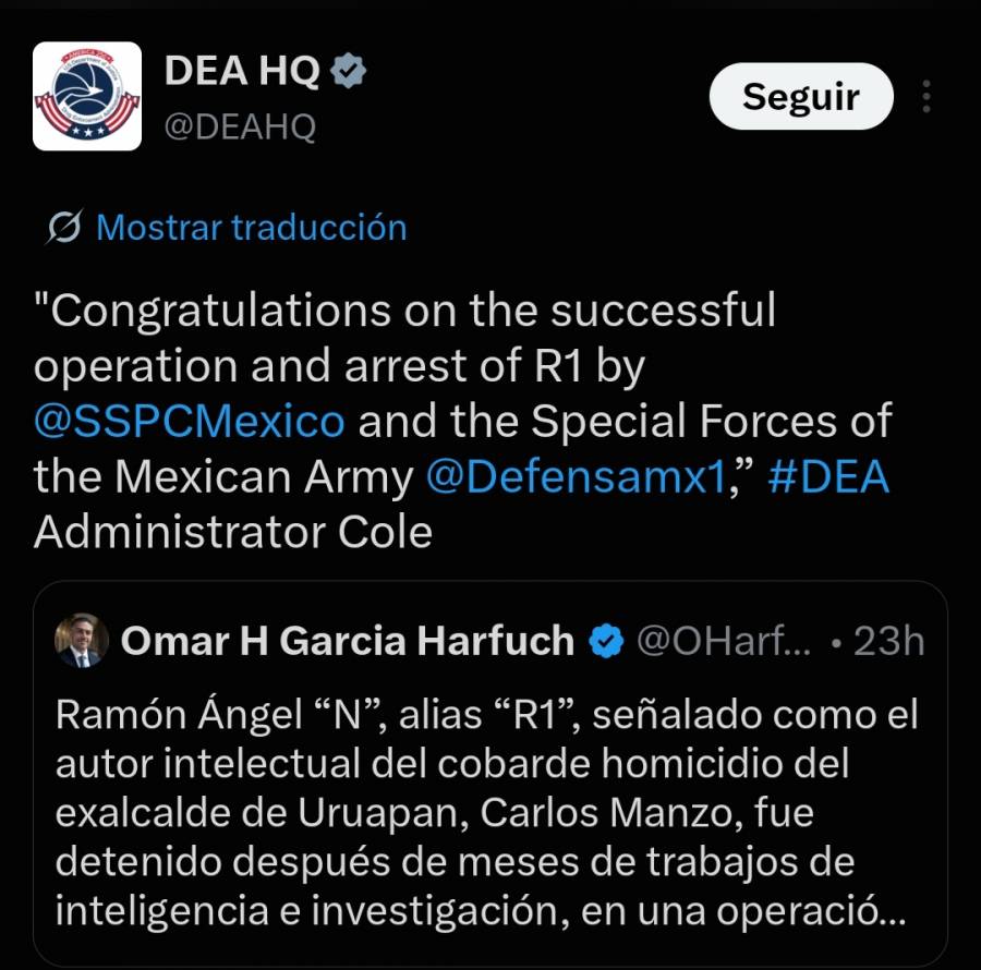 DEA reconoce operativo de autoridades mexicanas tras captura de “El R1”