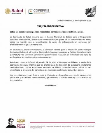 Reino Unido alerta a M&eacute;xico por casos de ciclosporiasis en viajeros de Quintana Roo