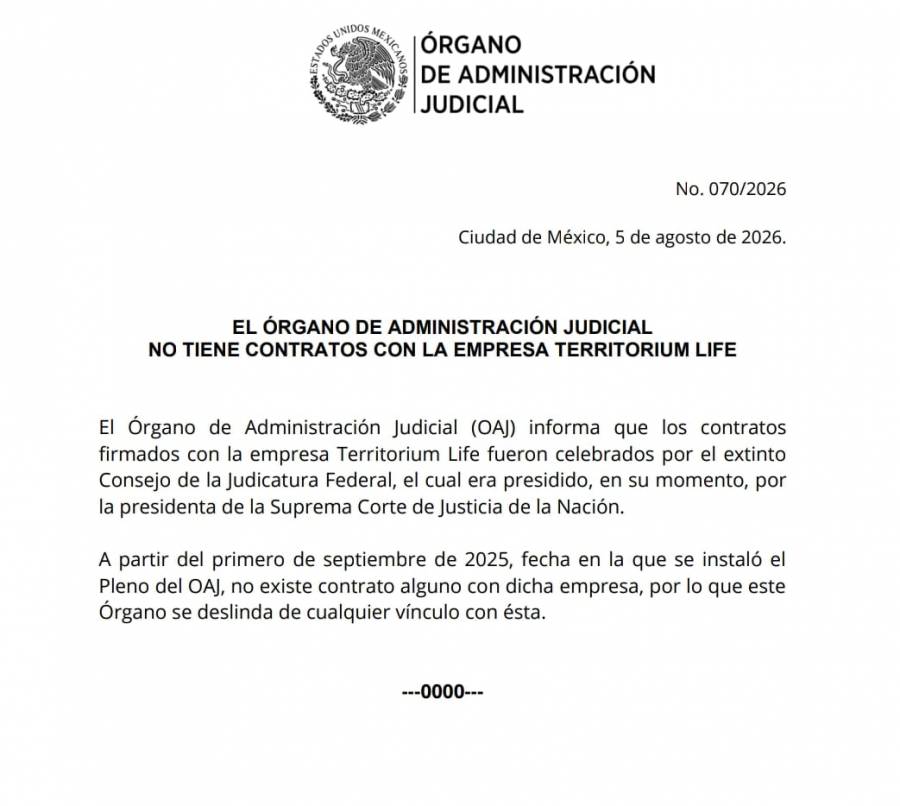 Territorium Life queda fuera del Órgano de Administración Judicial; contratos fueron del extinto Consejo de la Judicatura Federal