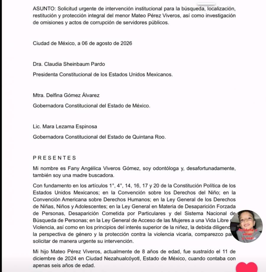 Madre de Mateo Pérez Viveros pide intervención de Sheinbaum para localizar y recuperar a su hijo