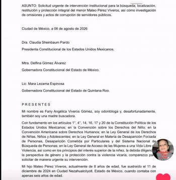 Madre de Mateo P&eacute;rez Viveros pide intervenci&oacute;n de Sheinbaum para localizar y recuperar a su hijo