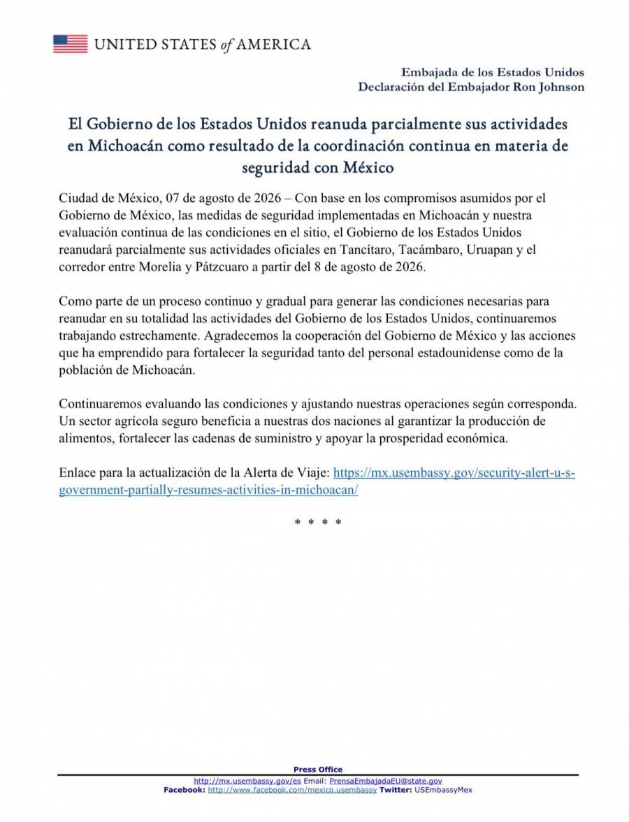 EE.UU. reanudará parcialmente operaciones en Michoacán tras acuerdos de seguridad