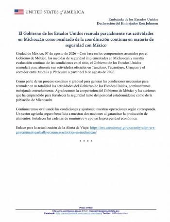 EE.UU. reanudar&aacute; parcialmente operaciones en Michoac&aacute;n tras acuerdos de seguridad