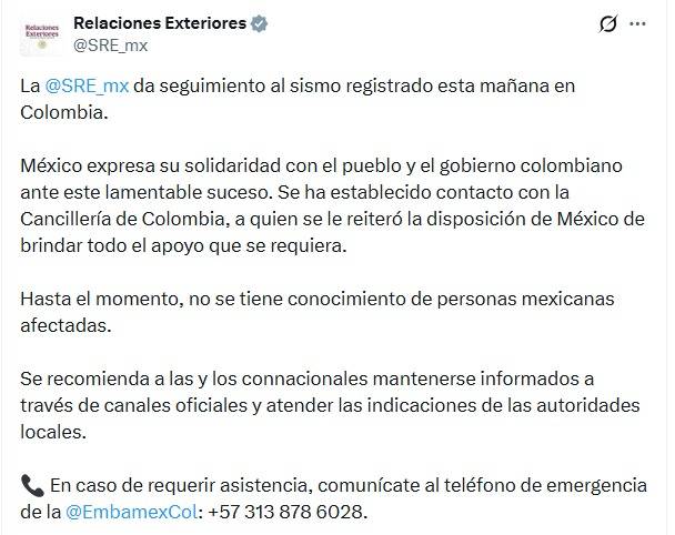 SRE confirma que no hay mexicanos afectados tras sismo de 7.4 en Colombia