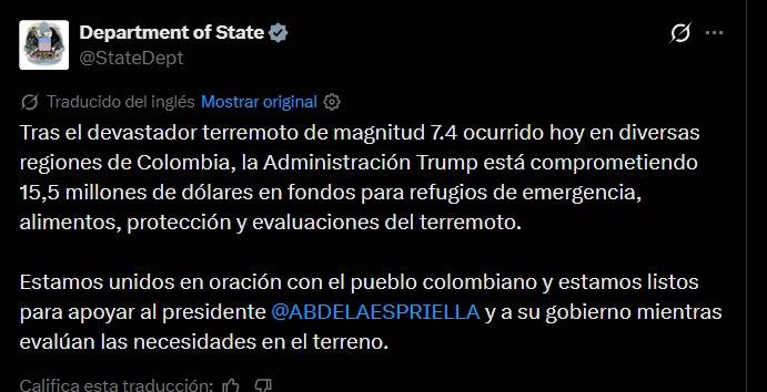 Estados Unidos anuncia ayuda de 15.5 millones de dólares para Colombia tras devastador terremoto
