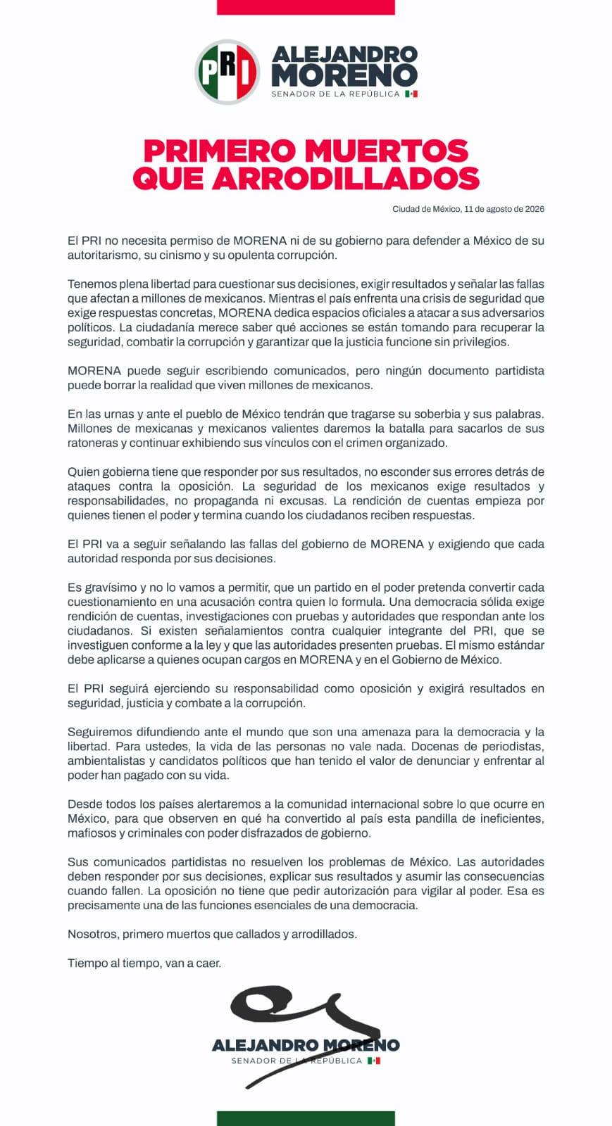 Alejandro Moreno responde a detención de presunto operador financiero de su hermano: “El PRI no necesita permiso de Morena”