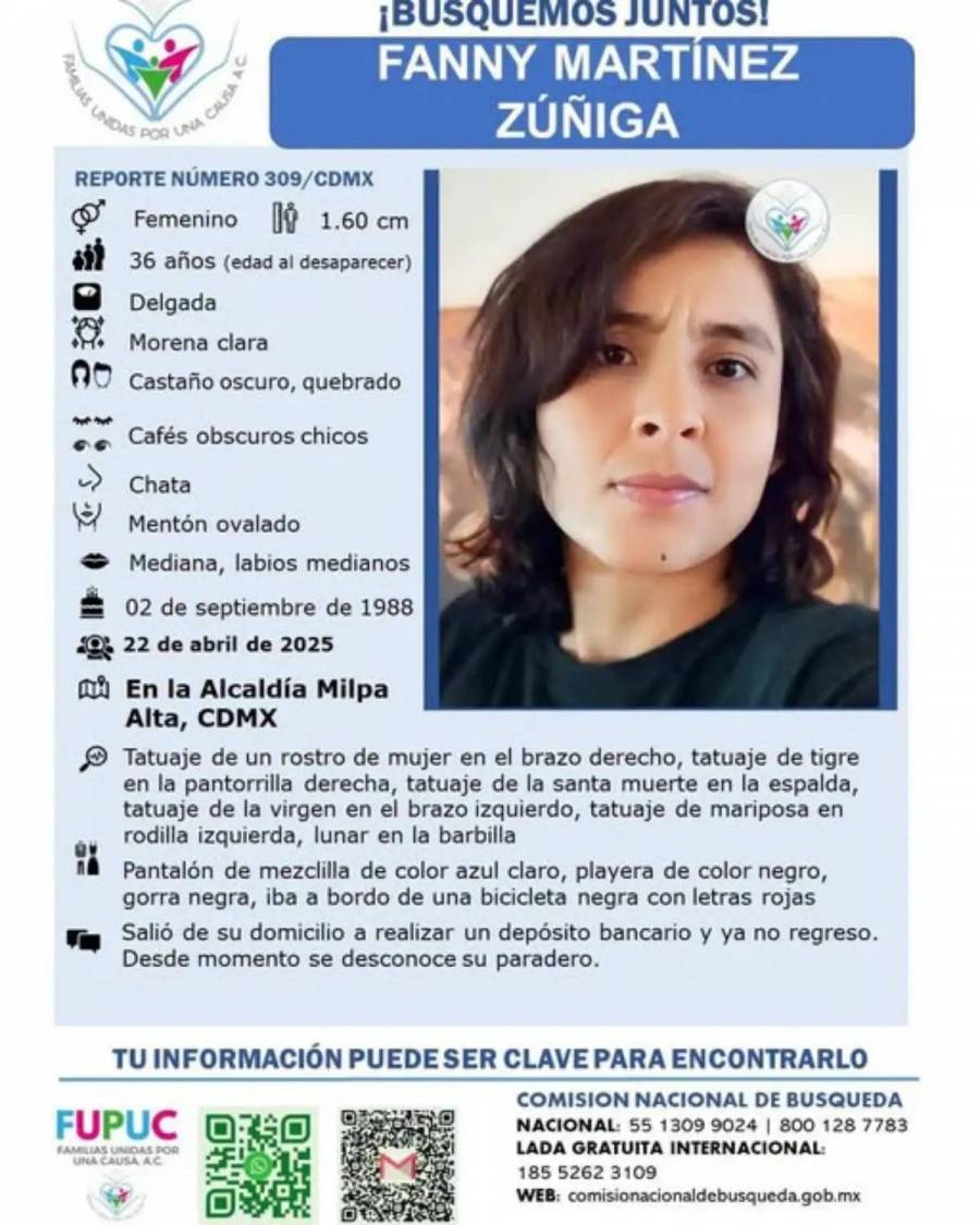 FGJCDMX ofrece recompensa por localizar a Fanny Martínez Zúñiga, desaparecida en Milpa Alta