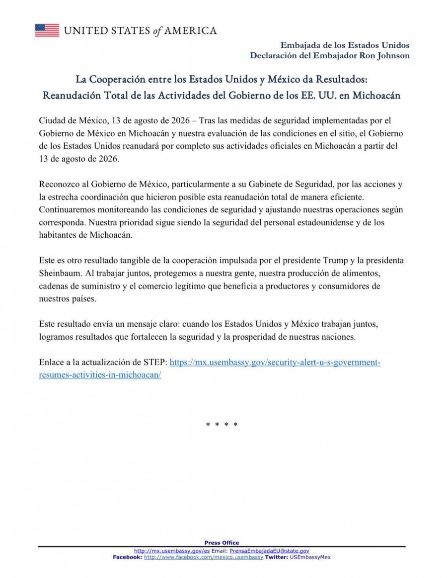 Estados Unidos reanuda operaciones en Michoacán tras coordinación en seguridad con México