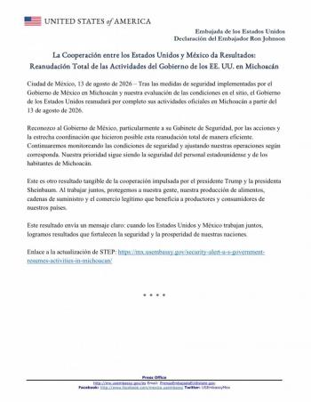 Estados Unidos reanuda operaciones en Michoac&aacute;n tras coordinaci&oacute;n en seguridad con M&eacute;xico