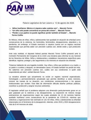 Ni&ntilde;os hu&eacute;rfanos: M&eacute;xico ni siquiera sabe cu&aacute;ntos son: Marcelo Torres; presentaci&oacute;n iniciativa para visibilizarlos