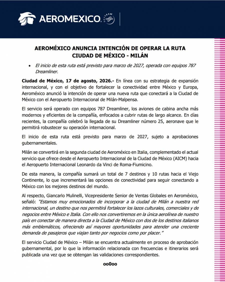 Aeroméxico anuncia su intención de operar nueva ruta Ciudad de México-Milán; iniciaría operaciones en marzo de 2027