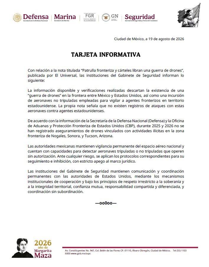 Gabinete de Seguridad descarta “guerra de drones” en frontera México-EE.UU.