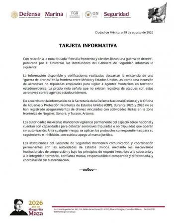 Gabinete de Seguridad descarta “guerra de drones” en frontera M&eacute;xico-EE.UU.