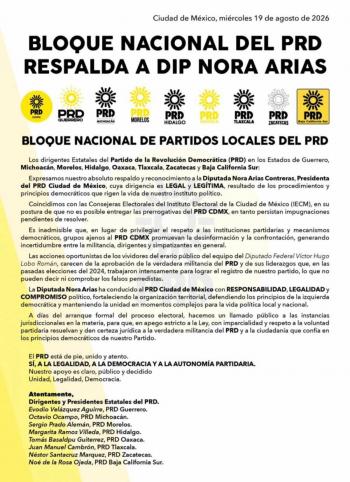 Dirigencias estatales del PRD respaldan a Nora Arias y rechazan intervenci&oacute;n de V&iacute;ctor Hugo Lobo en CDMX