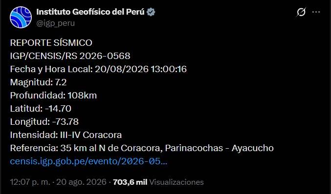Fuerte sismo de magnitud 7.2 sacude la región de Ayacucho en Perú