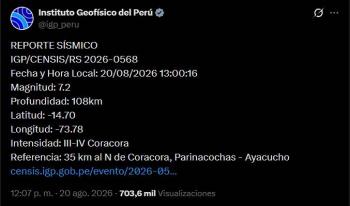 Fuerte sismo de magnitud 7.2 sacude la regi&oacute;n de Ayacucho en Per&uacute;