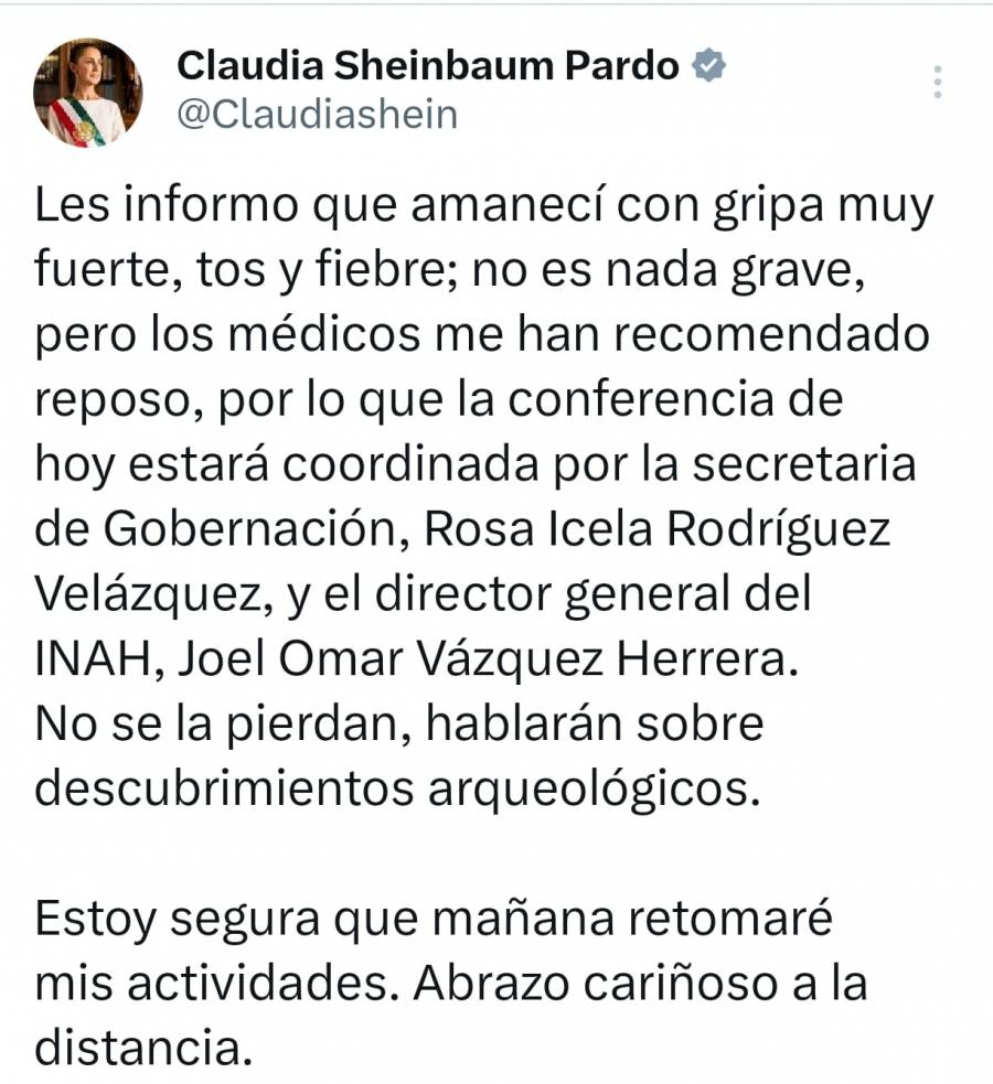 Sheinbaum informa que amaneció con fuerte gripe y fiebre; Rosa Icela Rodríguez encabezará la presentación