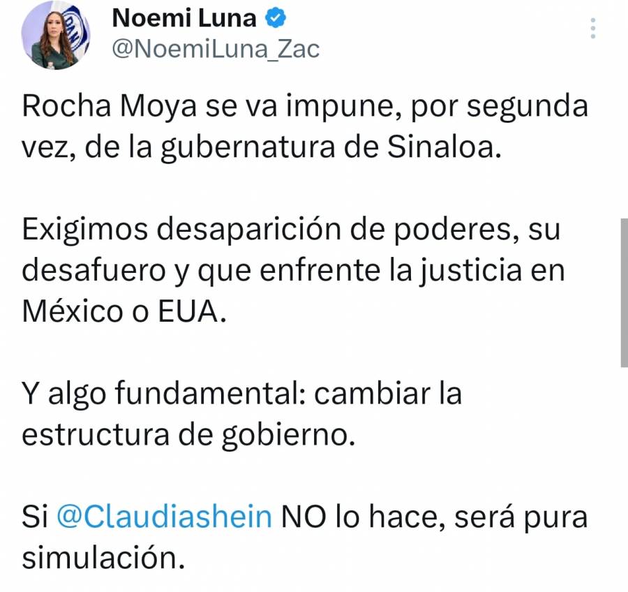 Diputada Noemí Luna: Otra vez Rocha Moya se va impune; exige desaparición de poderes en Sinaloa