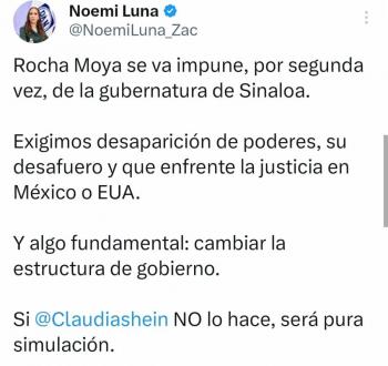 Diputada Noem&iacute; Luna: Otra vez Rocha Moya se va impune; exige desaparici&oacute;n de poderes en Sinaloa